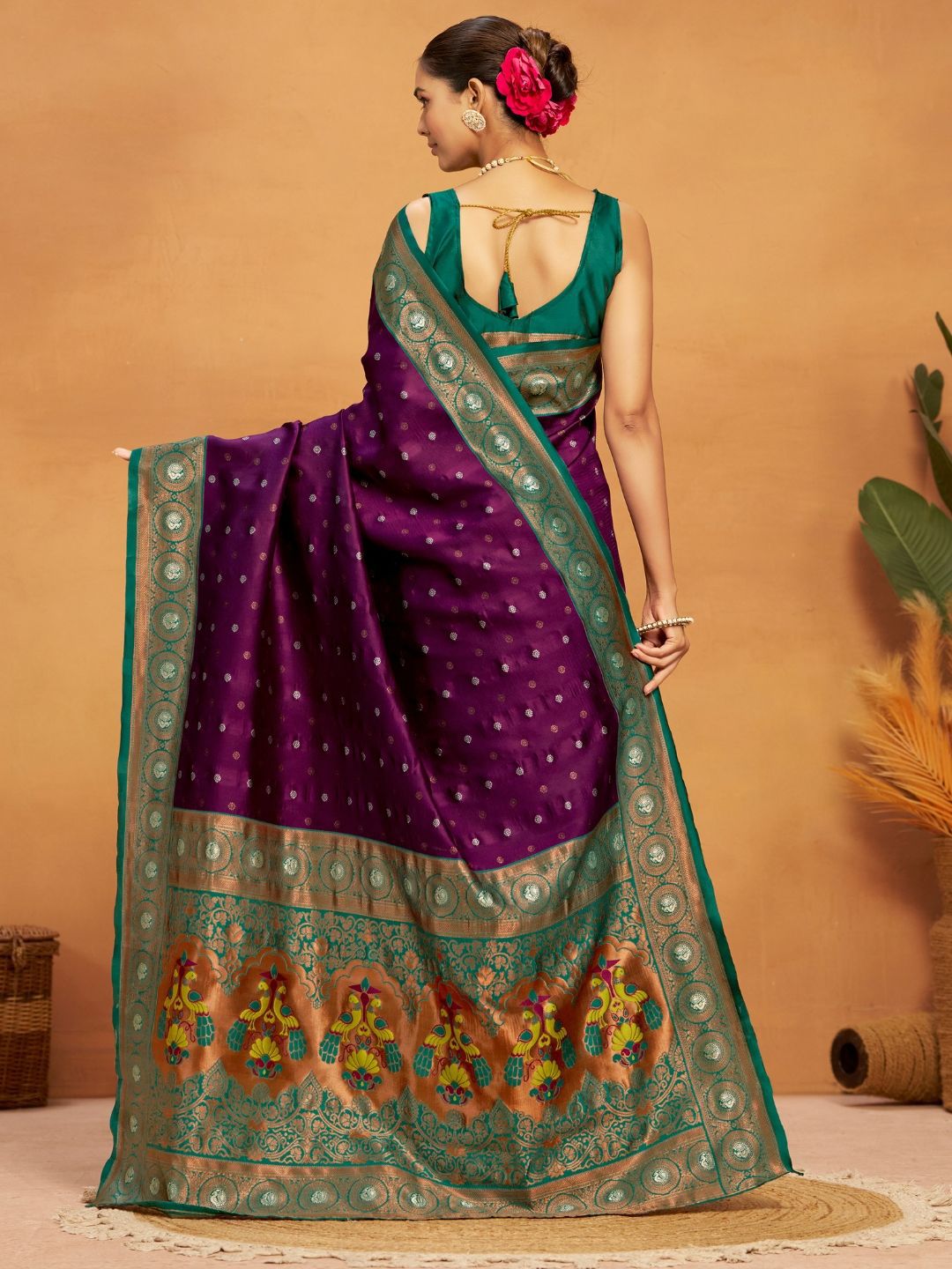 Kalini Silk Blend Woven Paithani Saree with Blouse Piece