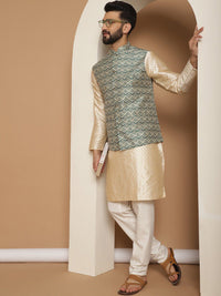 Anouk Beige Etnic Motif Tenunan Rekaan Kurta Lurus Dengan Jaket Churidar & Nehru