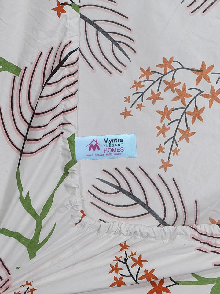 Myntra Elegant Homes White & Green Floral 300 TC Single Bedsheet with 1 Pillow Covers