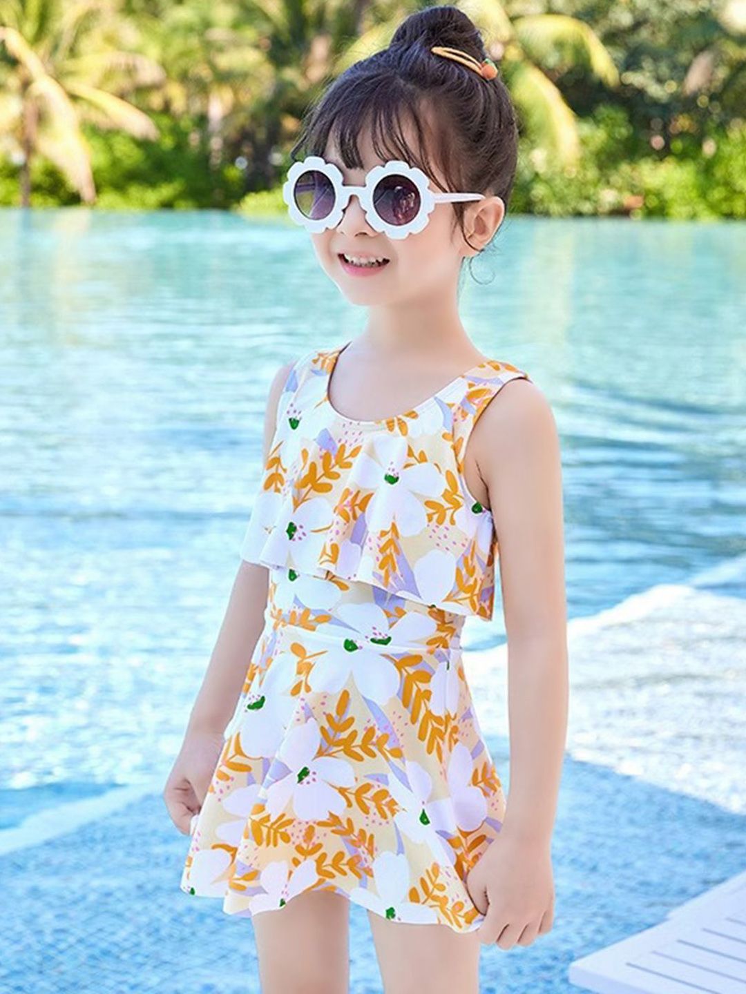 YK Girls Printed Round Neck Swim Dress