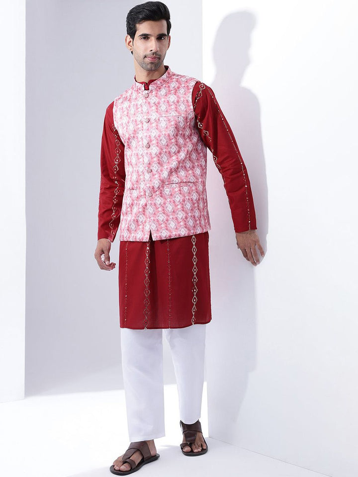 Anouk Men Sulam Kurta Kapas Tulen dengan Piyama & jaket Nehru