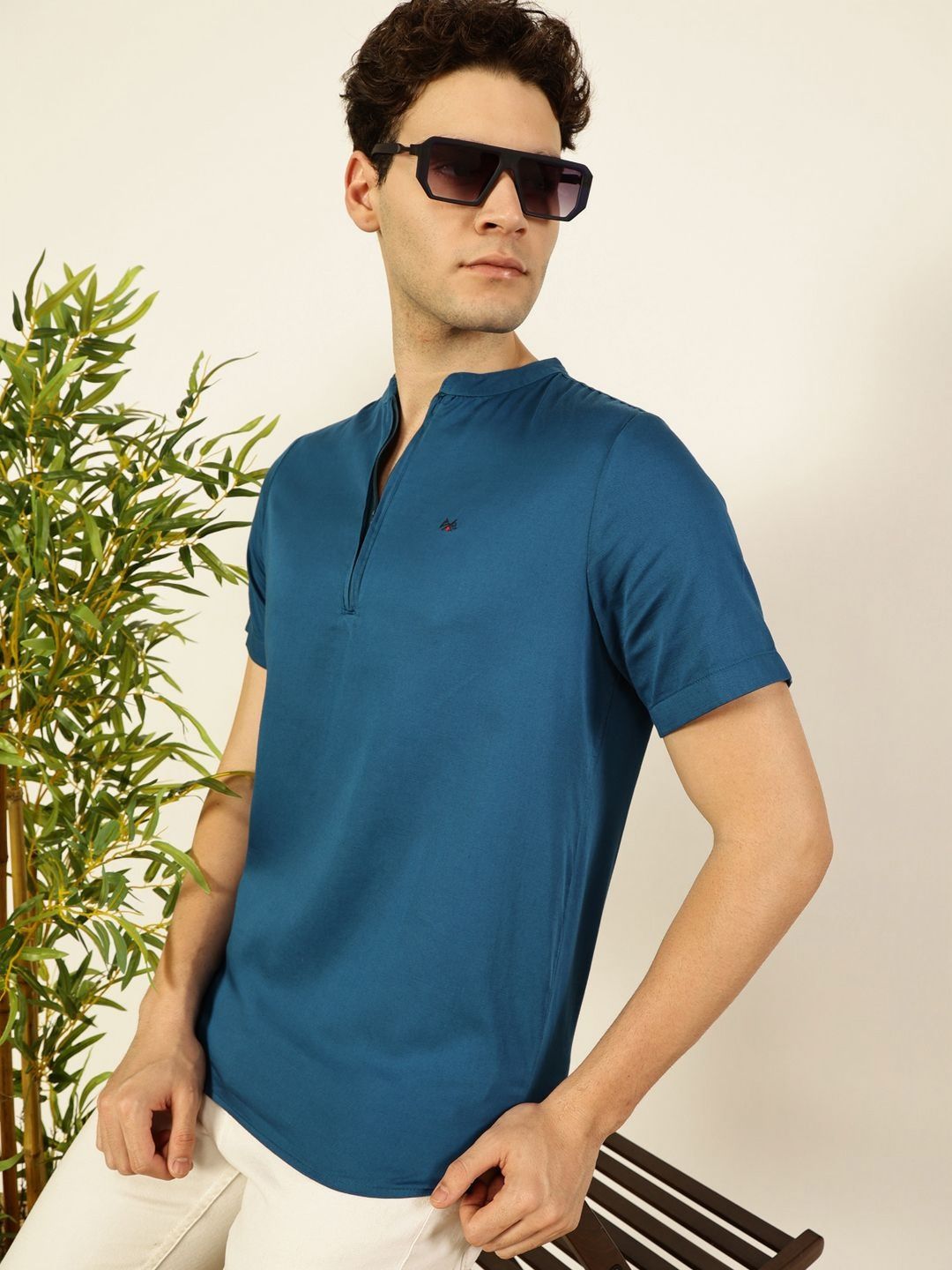 Thomas Scott Men Solid Mandarin Collar Cotton T-Shirt