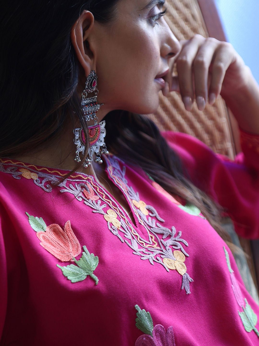 House of Chikankari Women Pink Cotton Aari Sulam Kurta