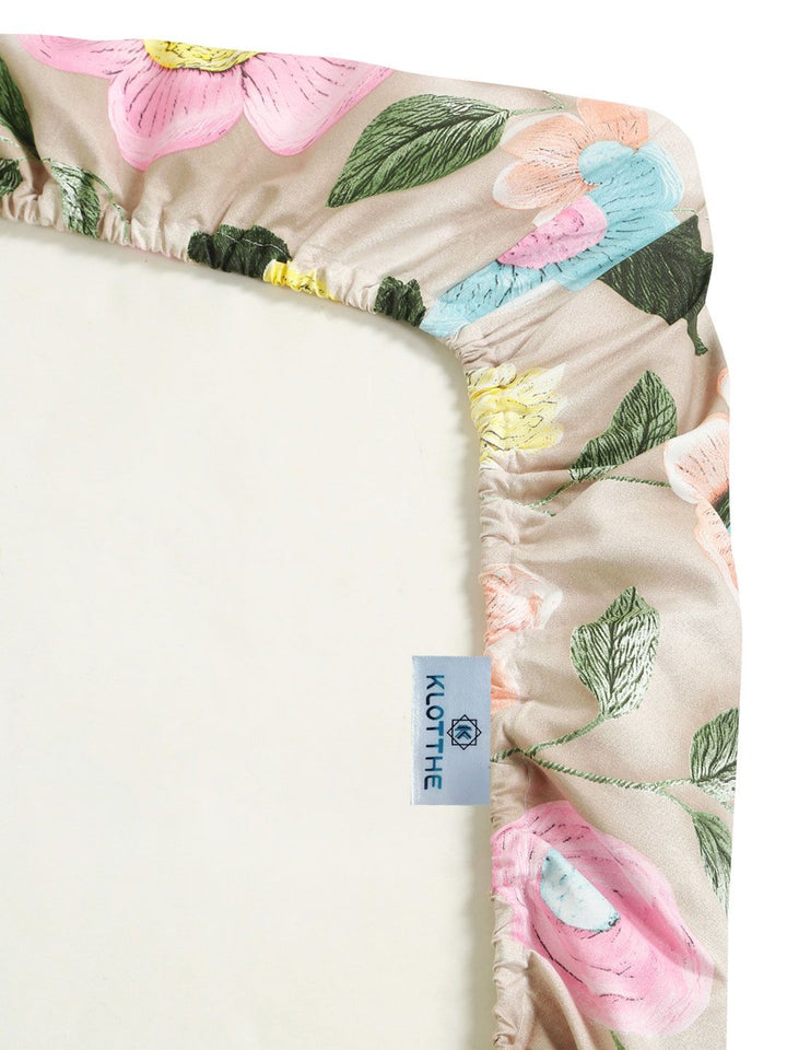KLOTTHE Beige & Pink Floral Printed Fitted 300 TC King 7D Bedsheet With 2 Pillow Cover