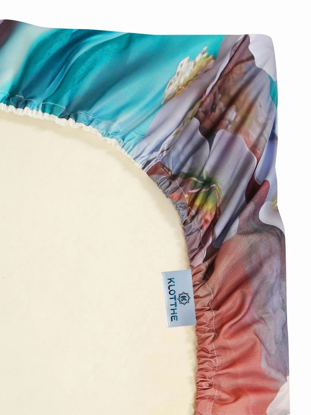 KLOTTHE Blue & Pink Floral Fitted 400 TC Single 7D Bedsheet with 1 Pillow Covers