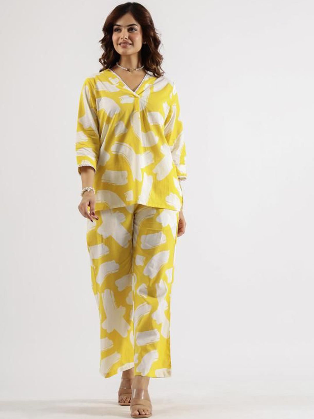 Mamicha Wanita Bercetak V-Neck Cotton Tunik dan Seluar Co-Ords