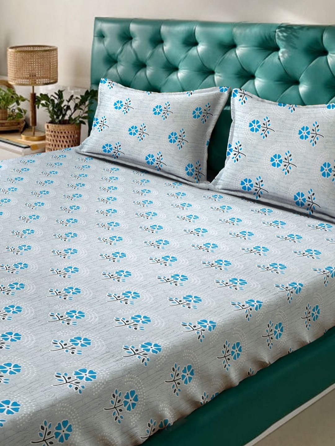 Myntra Elegant Homes Biru & Kelabu Kapas Bunga 400 TC Set Cadar King 2.50 m x 2.25 m