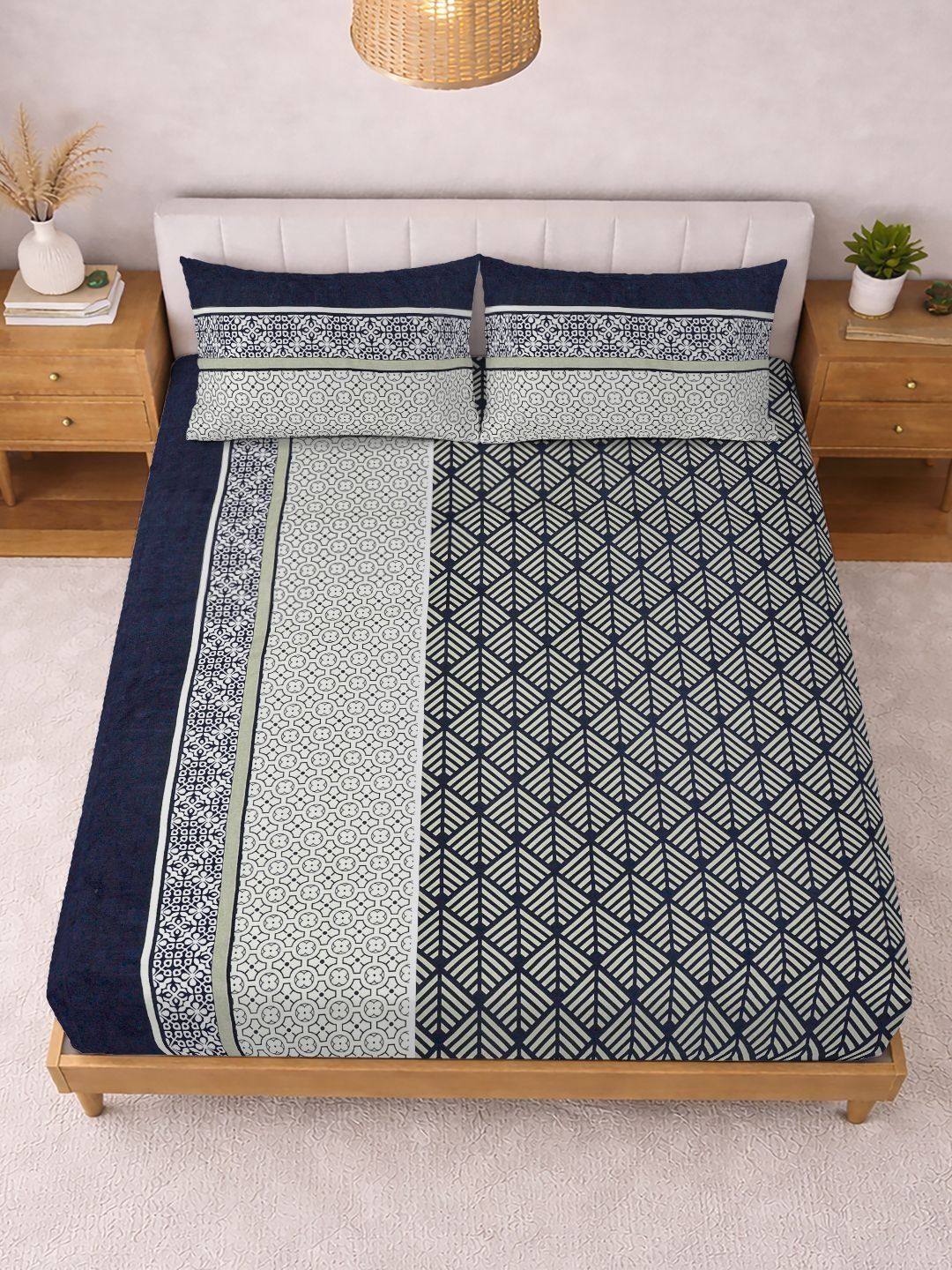 Myntra Elegant Homes Multicolor Geometric 300 TC King Double Bedsheet dengan 2 Sarung Bantal