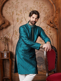 SOJANYA Men Teal Green Woven Design Kurta Lurus
