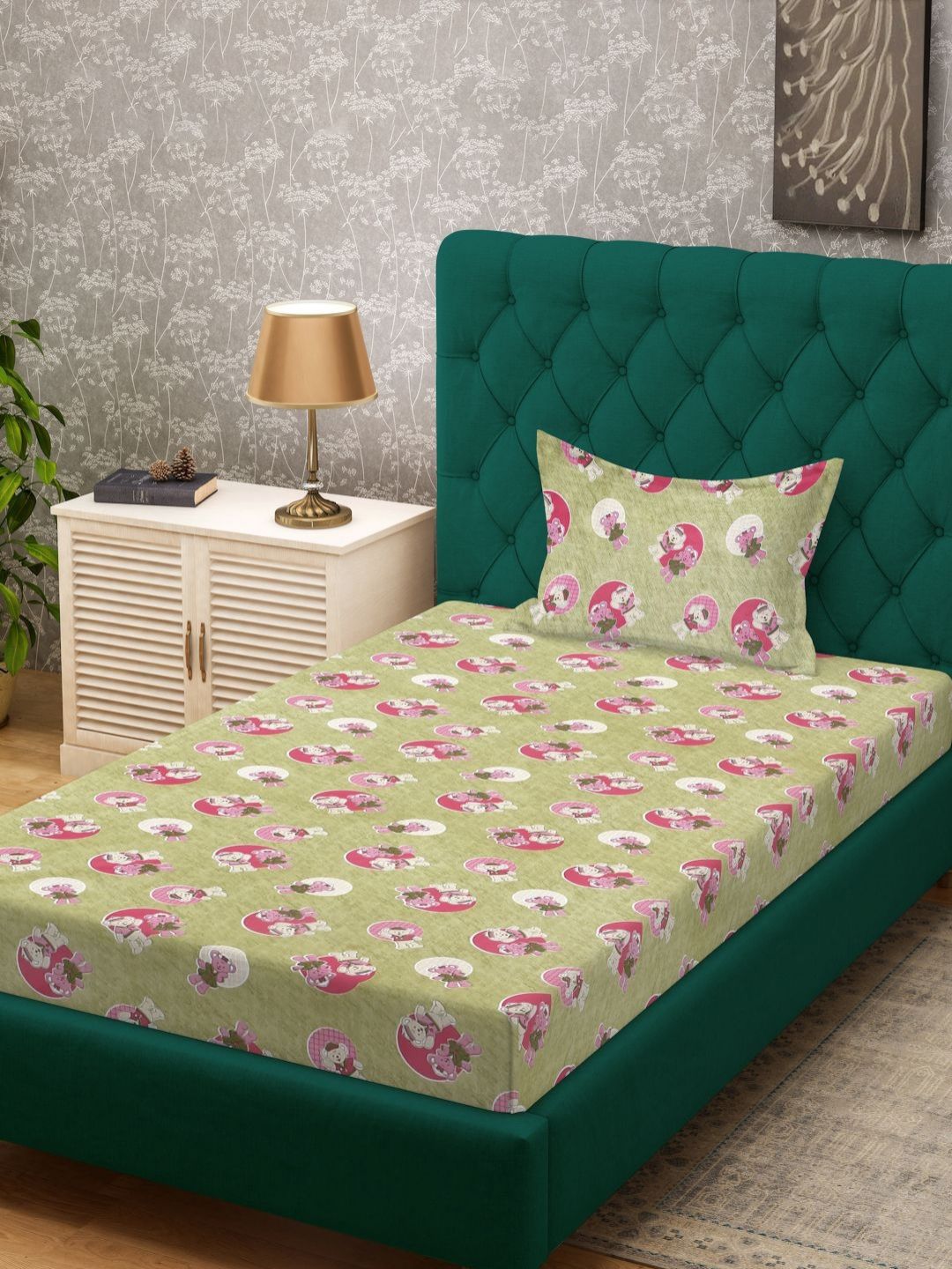 KLOTTHE Green Conversational Pure Cotton 400 TC Single Superfine Bedsheet with a Pillow Cover-89 x 59 inches