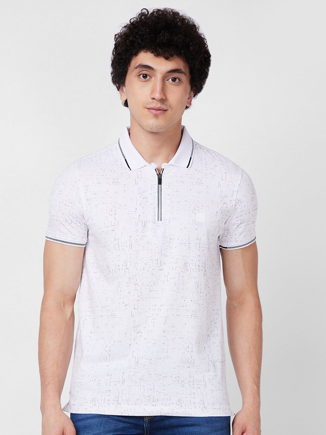 SPYKAR Polo Collar Short Sleeves Abstract Print Cotton Slim Fit T-shirt