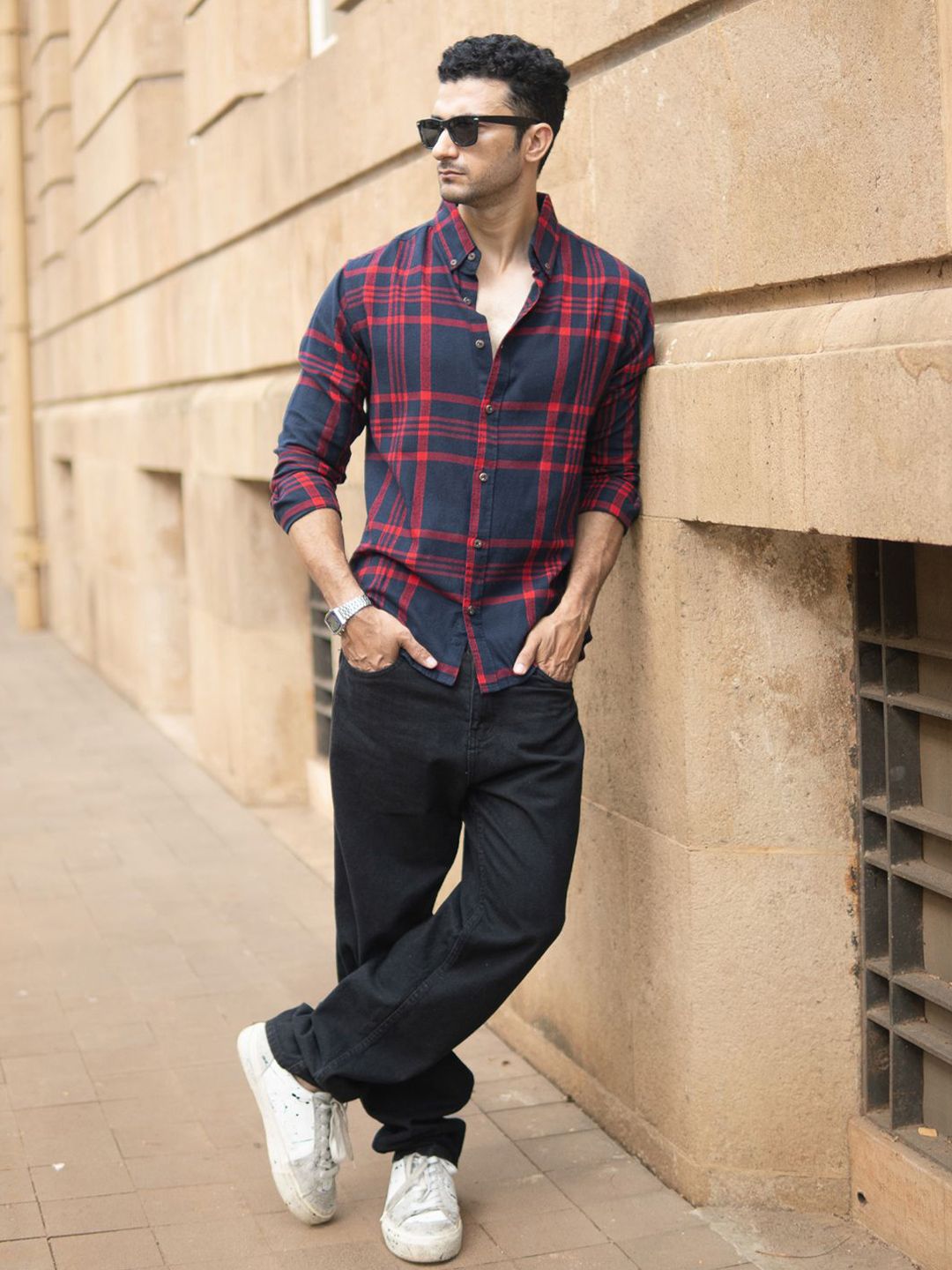 Powerlook Men Tartan Checked Spread Collar Cotton Casual Shirt