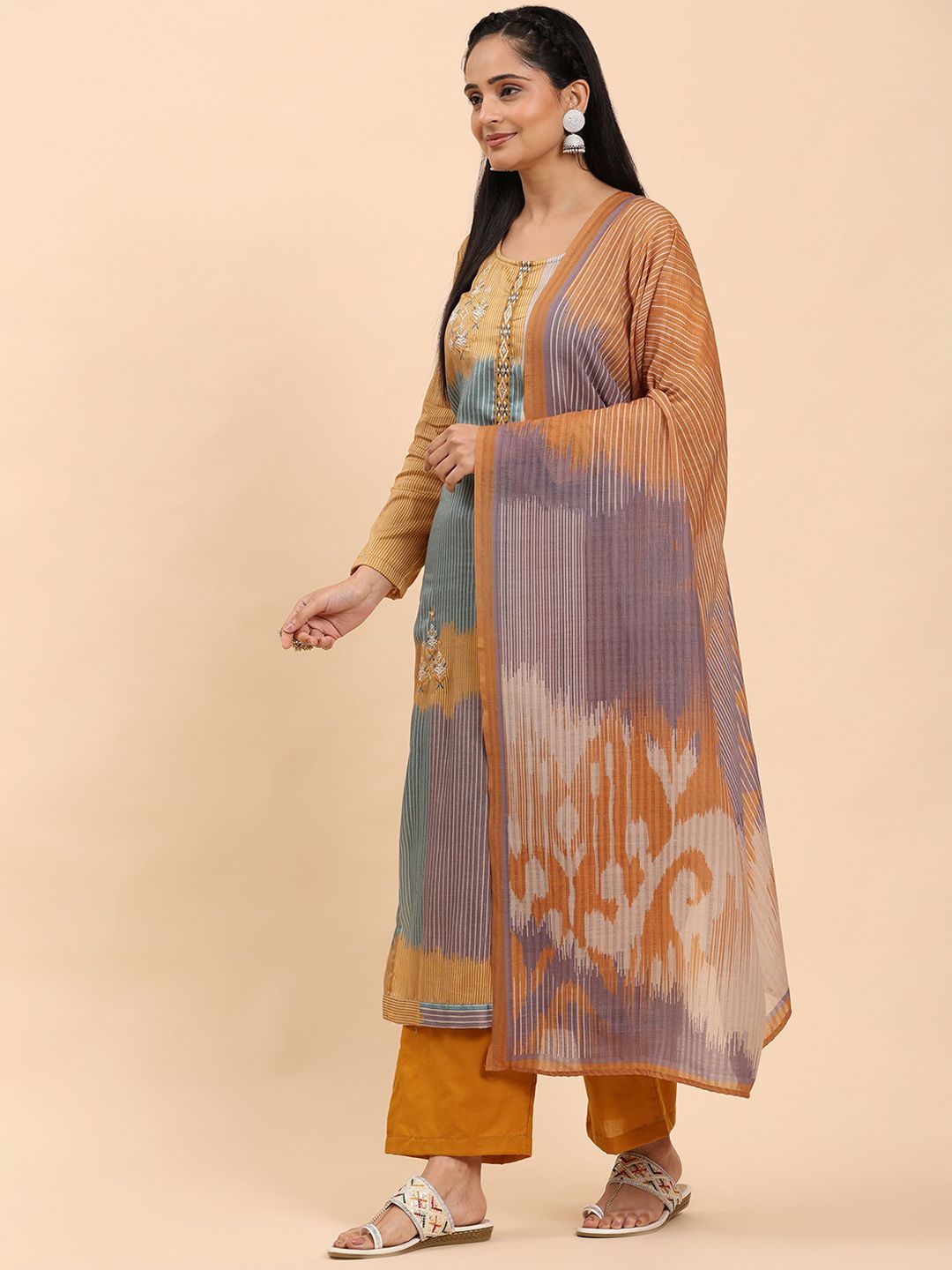 Mamicha Wanita Bercetak Kurta Kapas Tulen Biasa dengan Palazzos & Dengan Dupatta