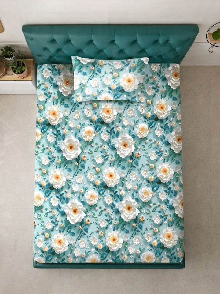 Myntra Elegant Homes Turquoise Blue Floral 300 TC Cadar Tempat Tidur Single dengan 1 Sarung Bantal