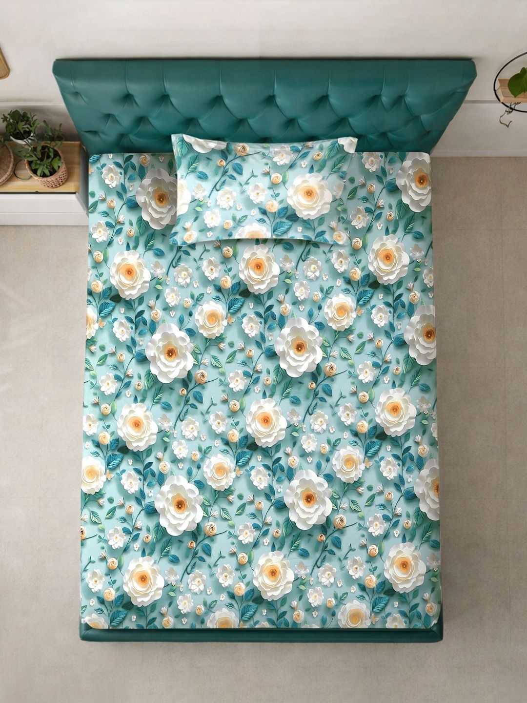 Myntra Elegant Homes Turquoise Blue Floral 300 TC Cadar Tempat Tidur Single dengan 1 Sarung Bantal