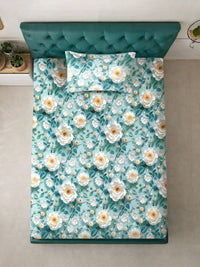 Myntra Elegant Homes Turquoise Blue Floral 300 TC Cadar Tempat Tidur Single dengan 1 Sarung Bantal