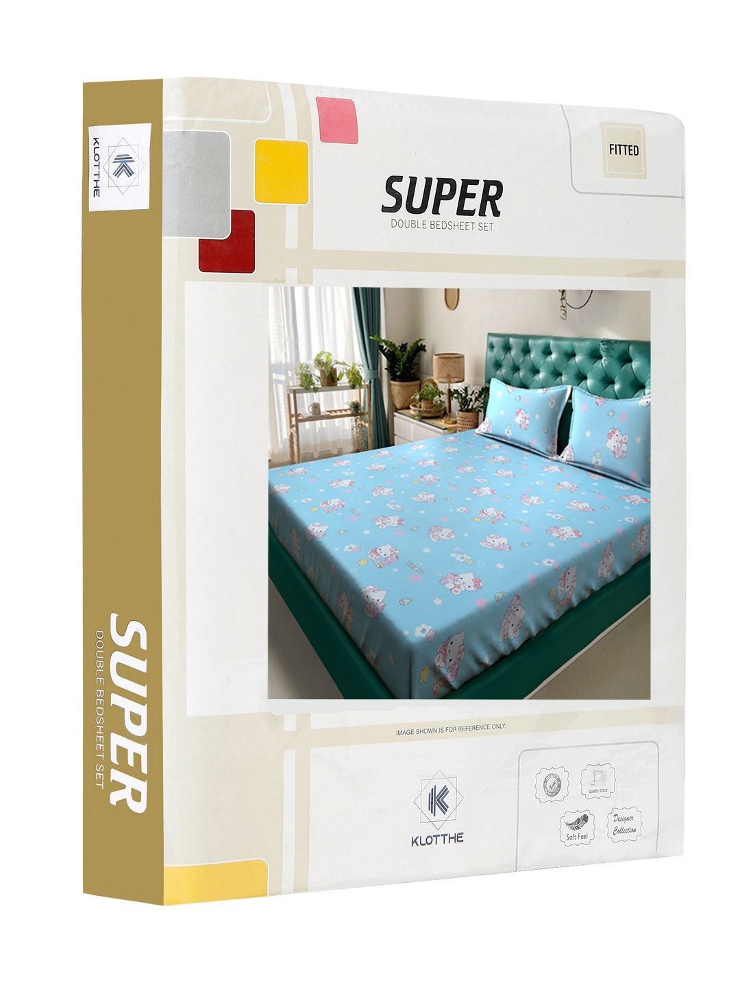 Watak Kartun Biru KLOTTHE Kapas Tulen 400 TC Dilengkapi Cadar King Superfine dengan 2 Sarung Bantal-98 x 89 inci