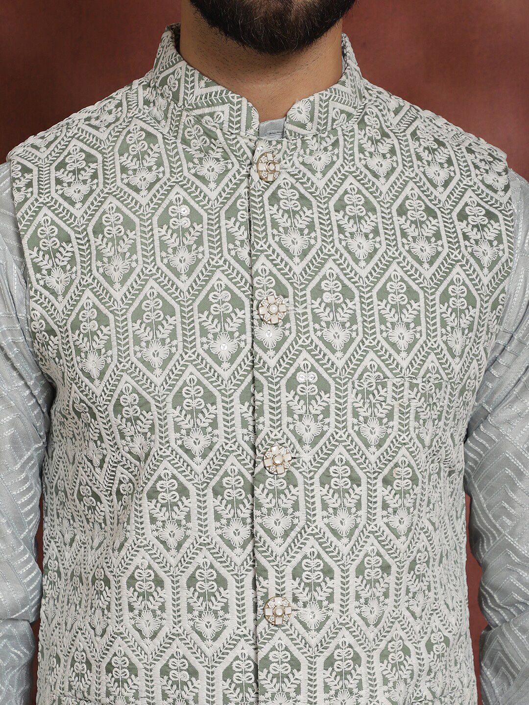 Anouk Embroidered Regular Thread Work Kurta Churidar with Nehru jacket