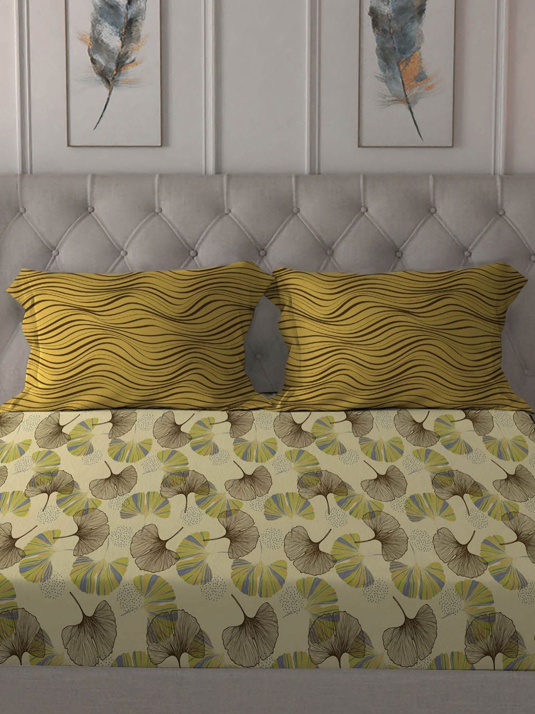 MYTRIDENT Dandelion Yellow Dusk & Dawn Flat 144TC Queen Cotton Bedsheet & 2 Pillow Covers