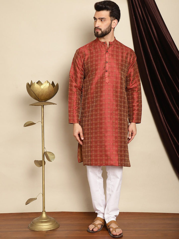 Anouk Maroon Mandarin Collar Geometric Woven Design Jacquard Silk Kurta with Pyjamas