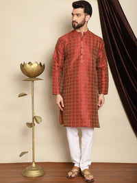 Anouk Maroon Mandarin Collar Geometric Woven Design Jacquard Silk Kurta with Pyjamas