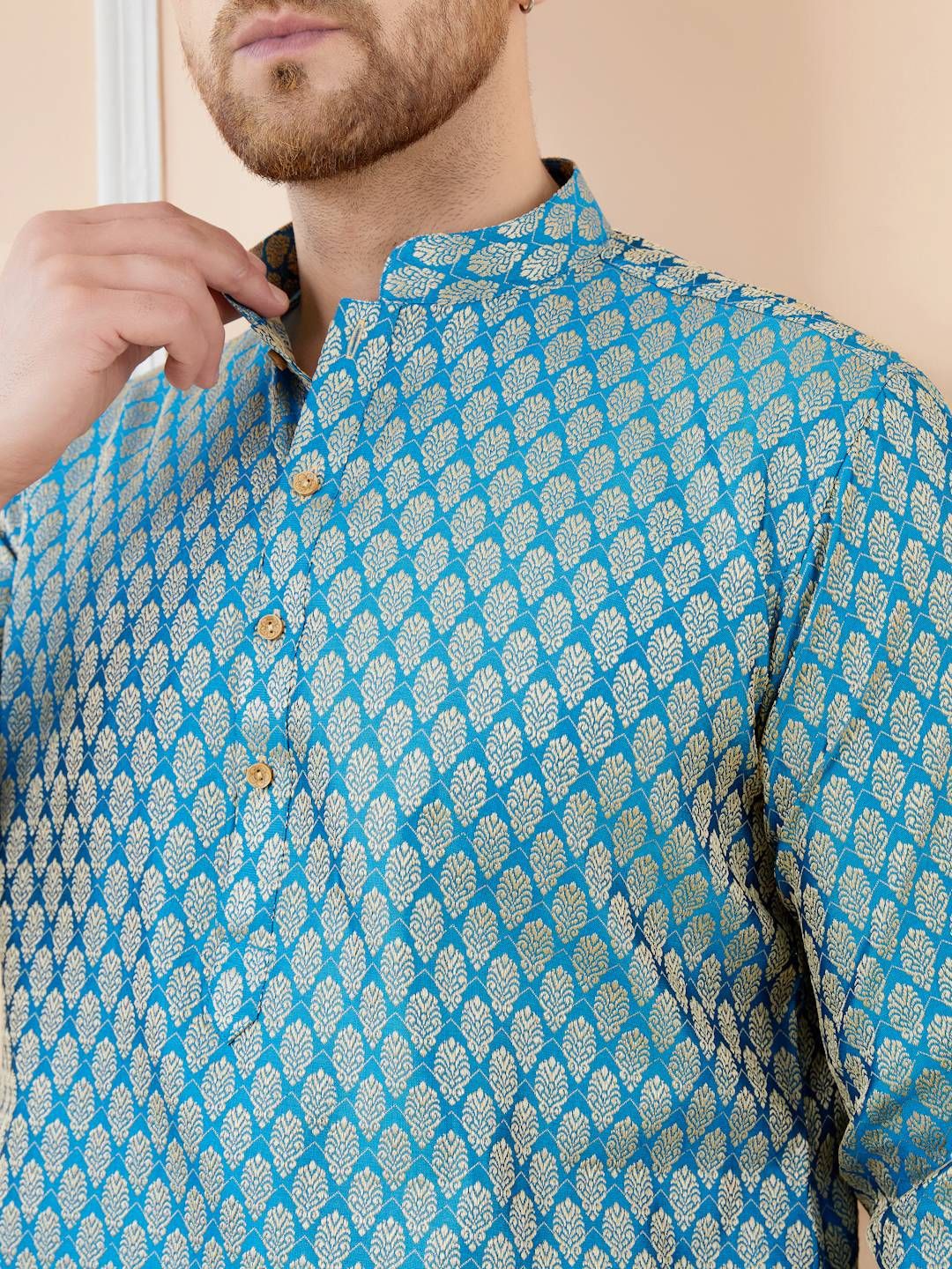 See Designs Ethnic Motifs Woven Design Mandarin Collar Straight Kurta With Pyjamas