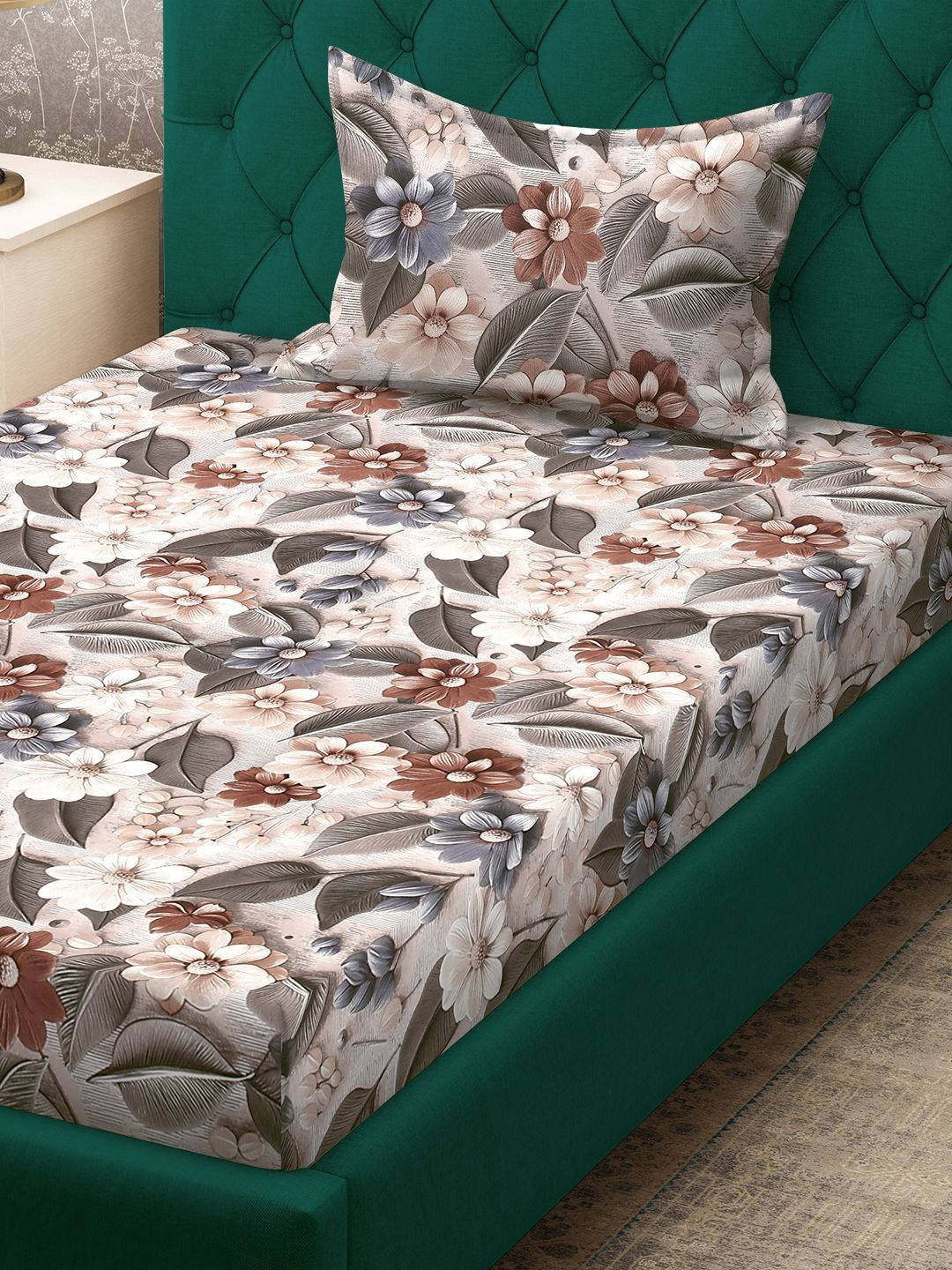 Myntra Elegant Homes Multicoloured Floral 300 TC Single Bedsheet with 1 Pillow Covers