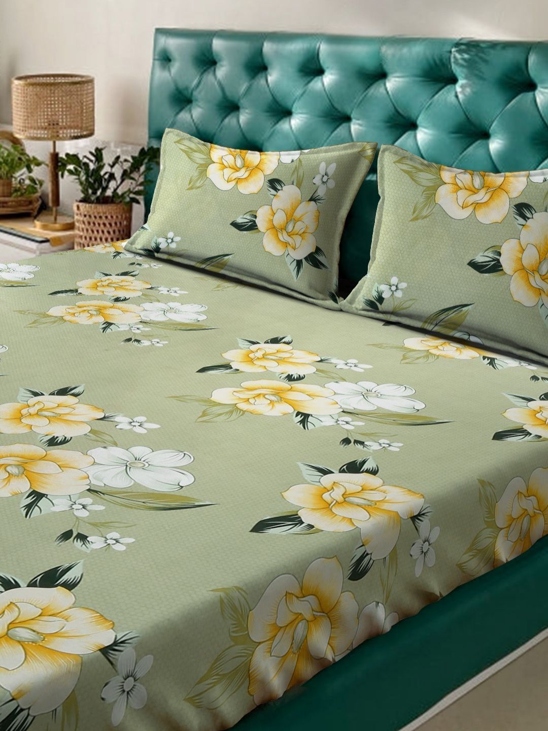 Aura Green Floral Polycotton 300 TC King Fine Bedsheet dengan 2 Sarung Bantal-98 x 89 inci