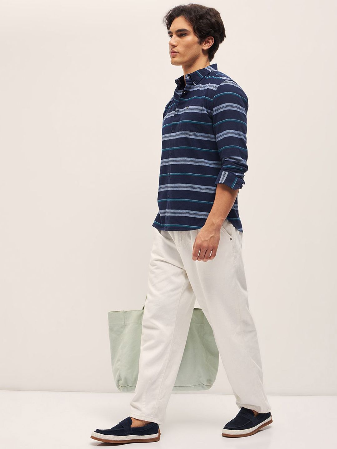THE BEAR HOUSE Pure Cotton Button-Down Collar Multi Striped Slim Fit Casual Shirt
