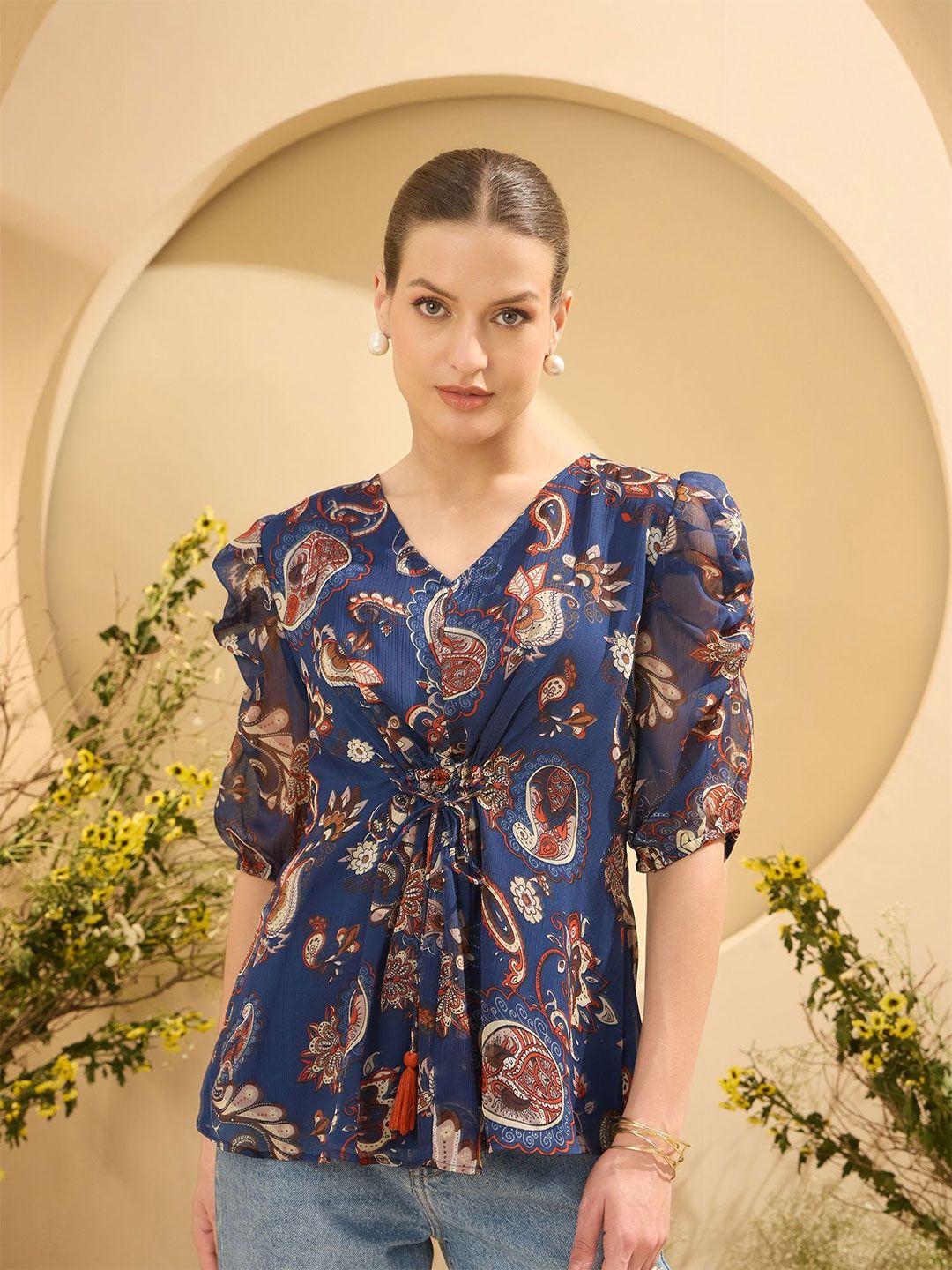 Antheaa Paisley Printed Tie-Ups Detail Chiffon A-Line Top