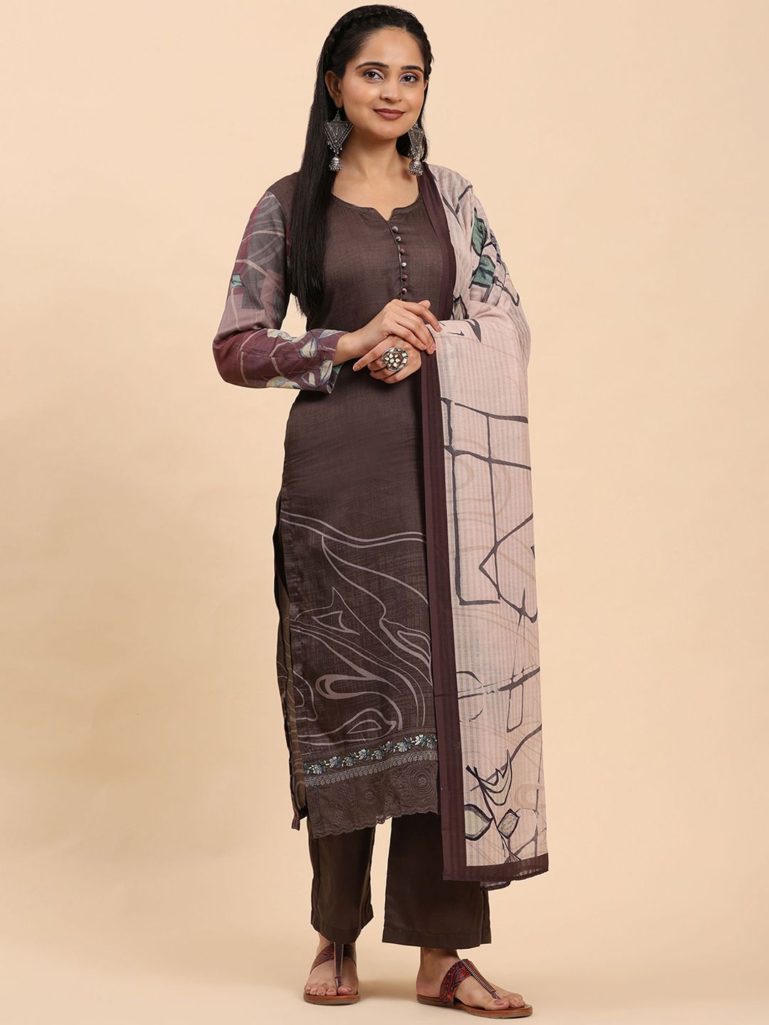 Mamicha Wanita Bercetak Kurta Kapas Tulen Biasa dengan Palazzos & Dengan Dupatta