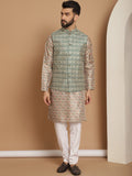 Anouk Beige Etnic Motif Tenunan Rekaan Kurta Lurus Dengan Jaket Churidar & Nehru