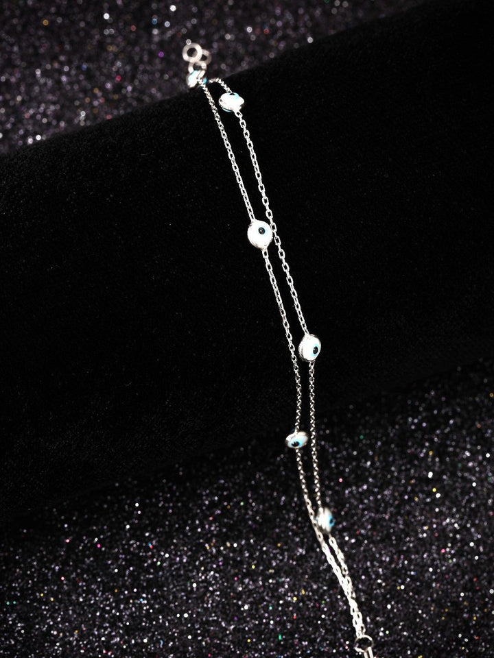 PANASH 925 Sterling Silver Rhodium-Plated Stone Studded Evil Eyes Multistrand Bracelet
