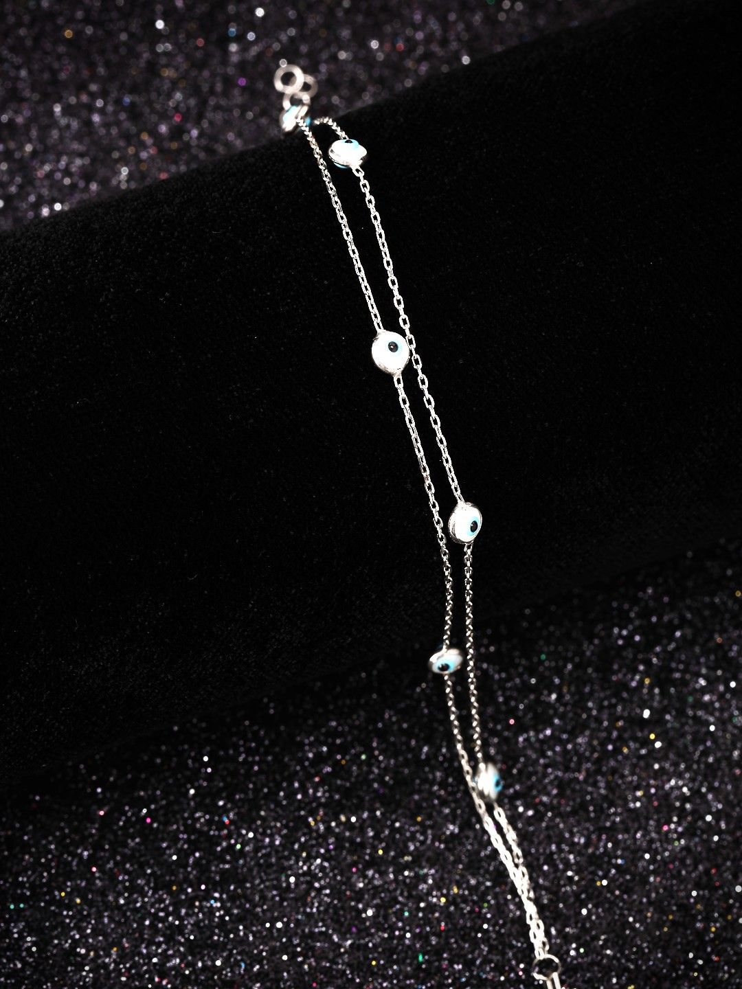 PANASH 925 Sterling Silver Rhodium-Plated Stone Studded Evil Eyes Multistrand Bracelet