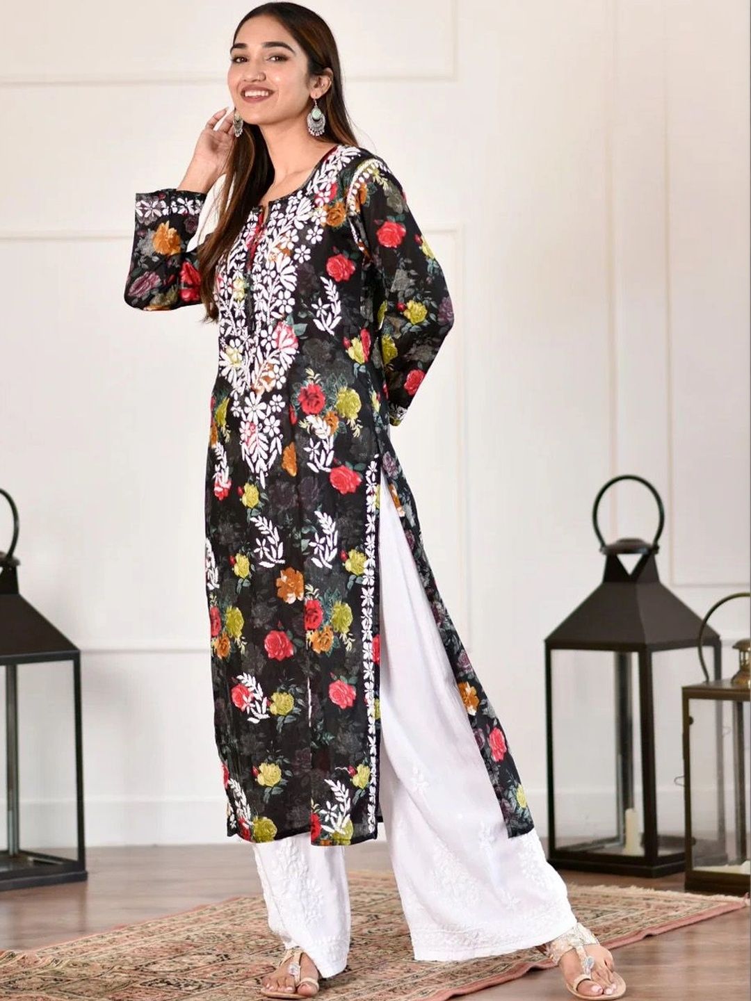 Rumah Wanita Chikankari Sulam Bunga Chikankari Kurta Bunga