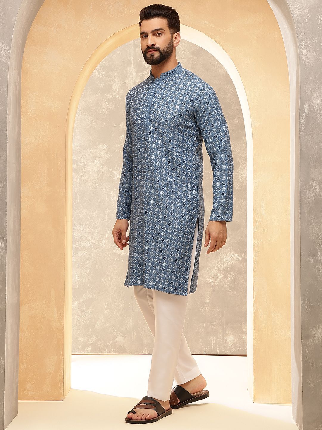 Anouk Blue Geometric Embroidered Mandarin Collar Pure Cotton Kurta With Pyjama