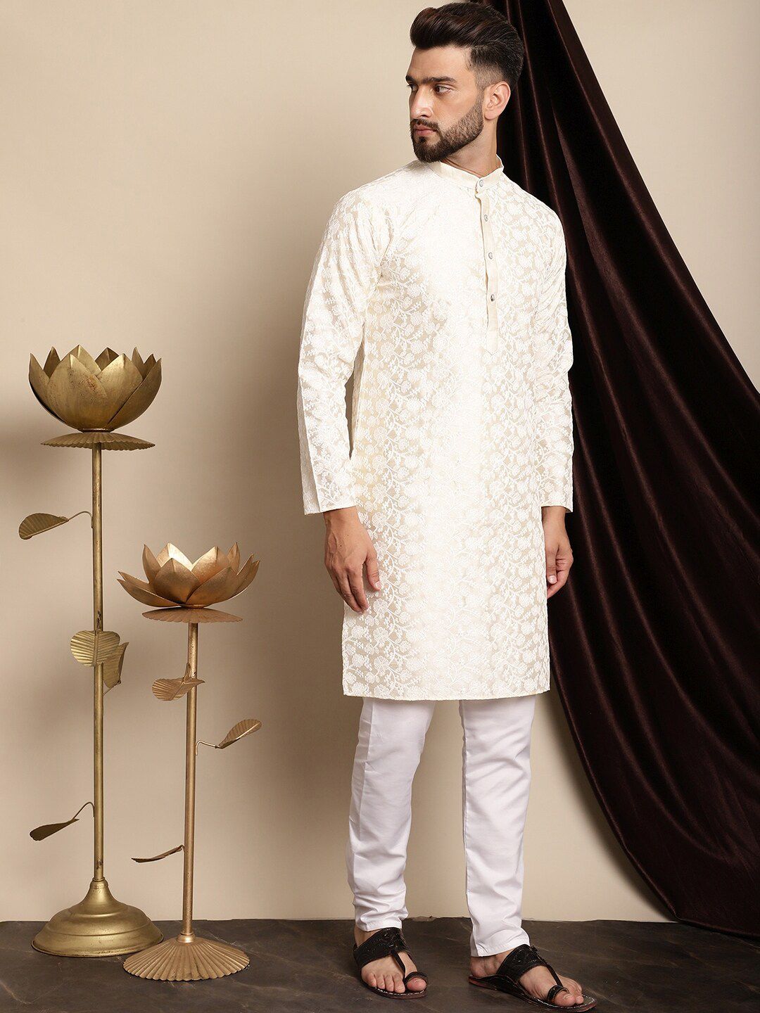 Anouk Floral Embroidered Band Collar Regular Kurta with Churidar