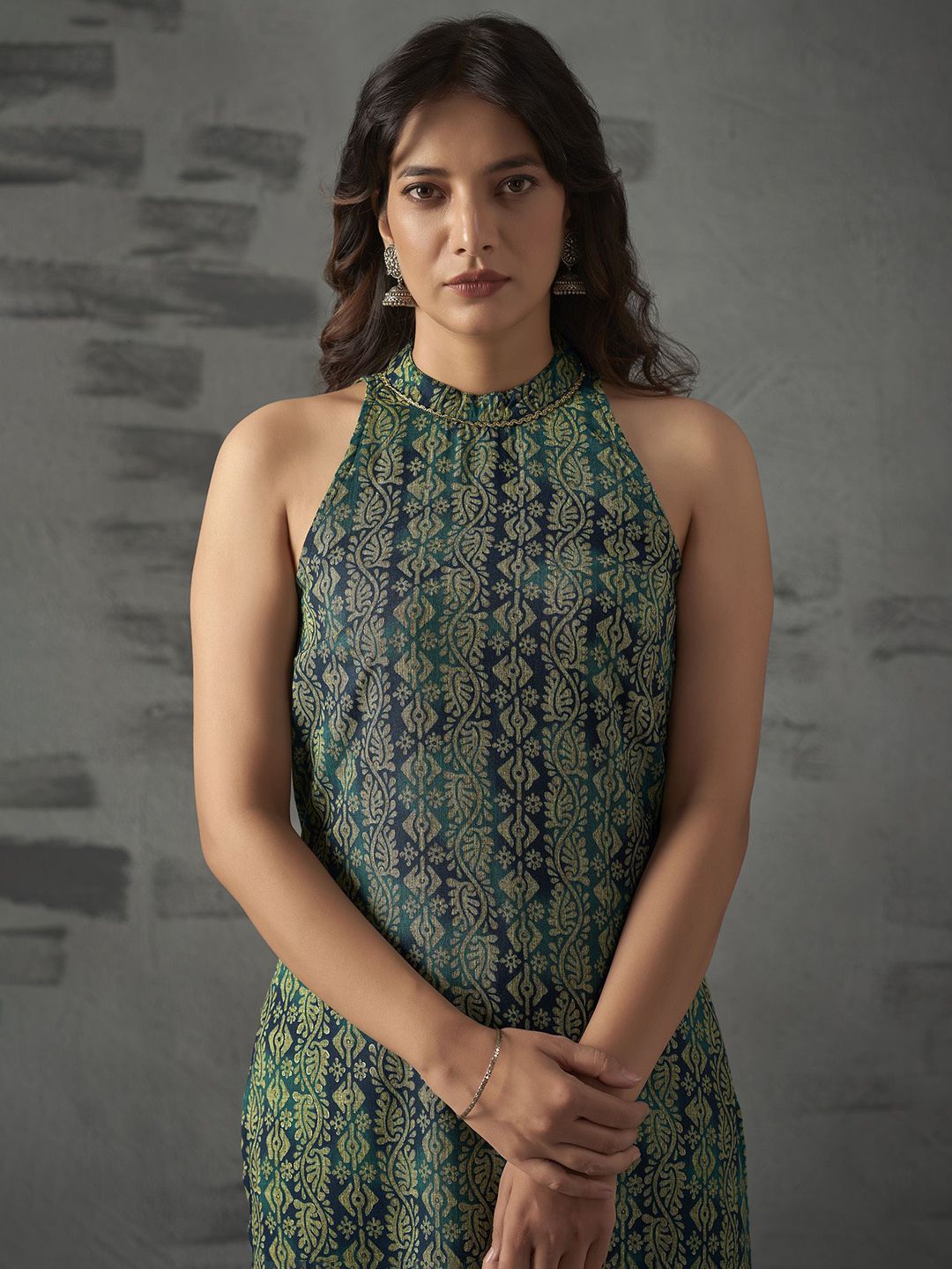 Anouk Blue Floral Printed Halter Neck Straight Kurta with Trousers & Dupatta