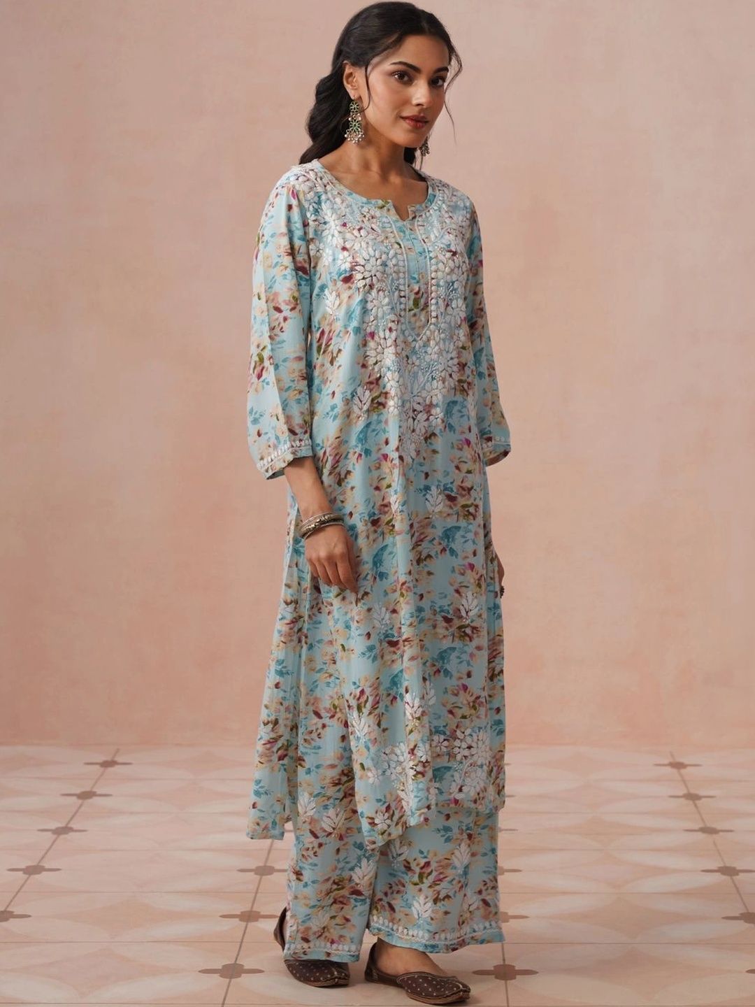House of Chikankari Women Printed Regular Chikankari Kurta with Trousers
