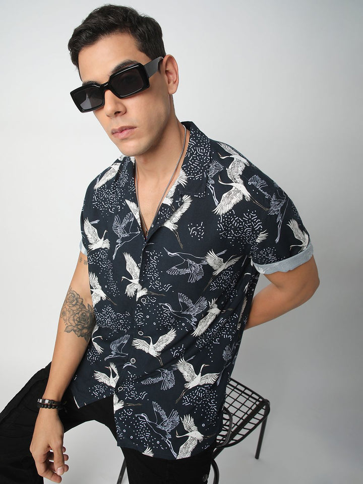 VASTRADO Men Classic Cuban Collar Floral Printed Oversized Casual Shirt