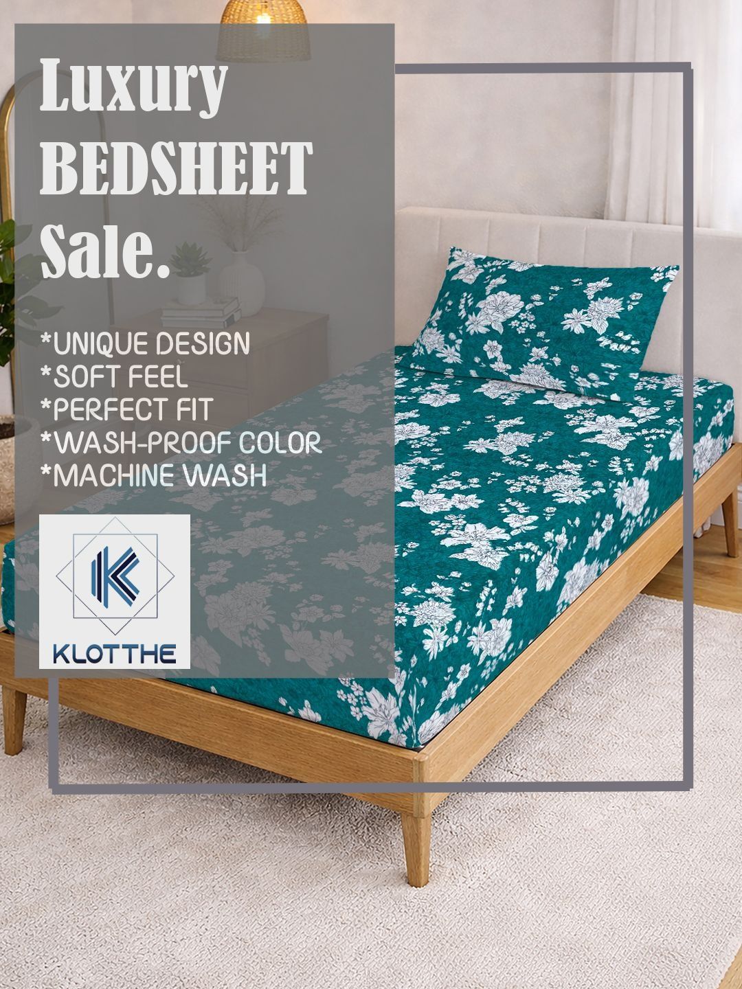 KLOTTHE Hijau & Putih Bercetak 300 TC Cadar Single Dengan Sarung Bantal- 2.25 m x 1.5 m