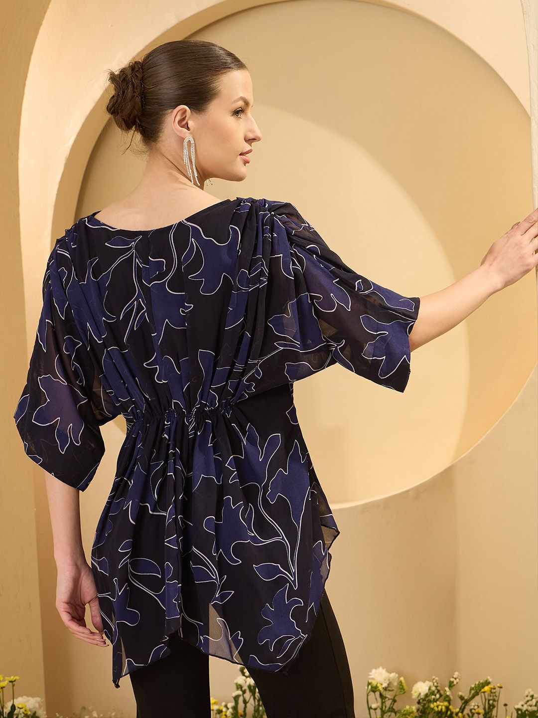 Antheaa Floral Printed Embellished Kimono Sleeve Chiffon Kaftan Top