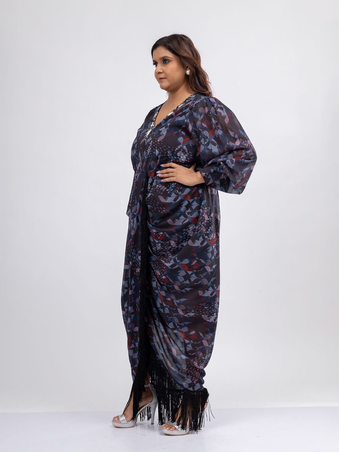 Mamicha Wanita Bercetak V-Neck Puff Lengan Gaun Maxi