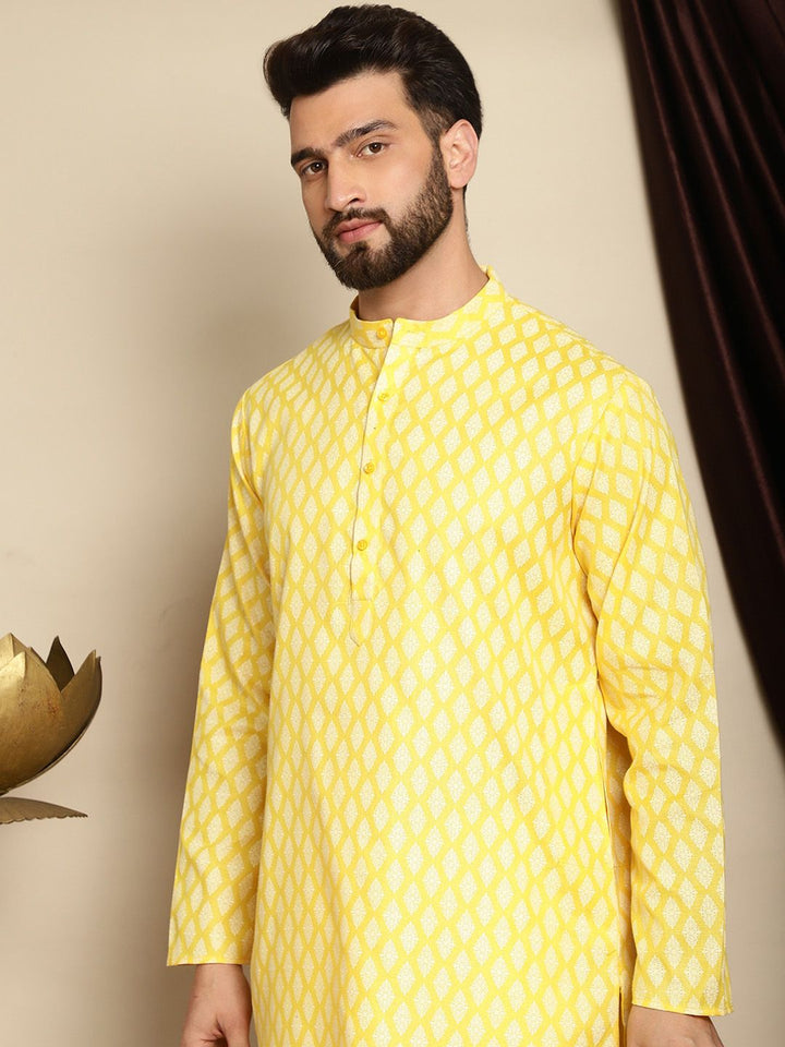 Anouk Yellow Mandarin Collar Ethnic Motifs Printed Straight Kurta with Pyjamas