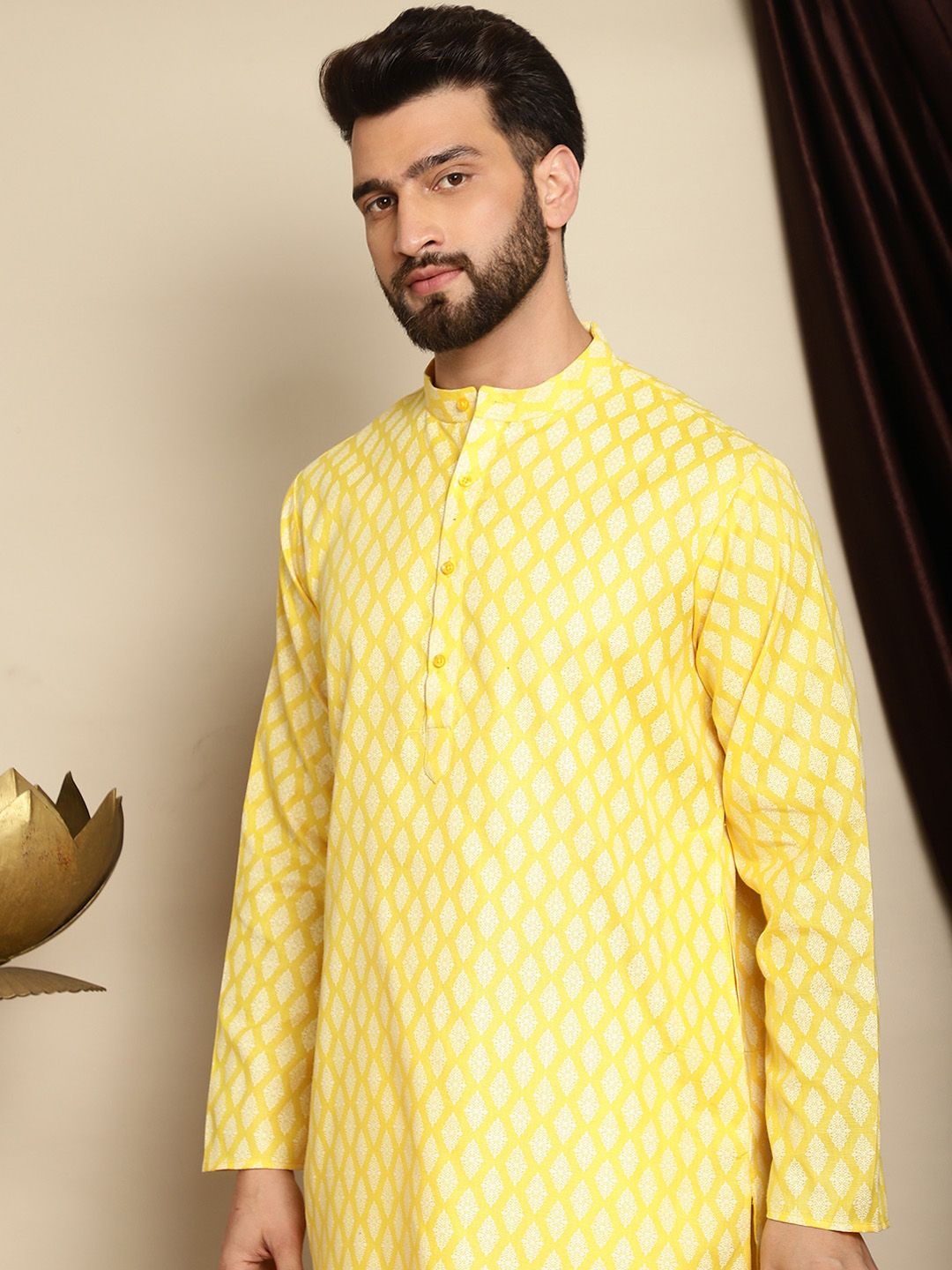 Anouk Yellow Mandarin Collar Ethnic Motifs Printed Straight Kurta with Pyjamas