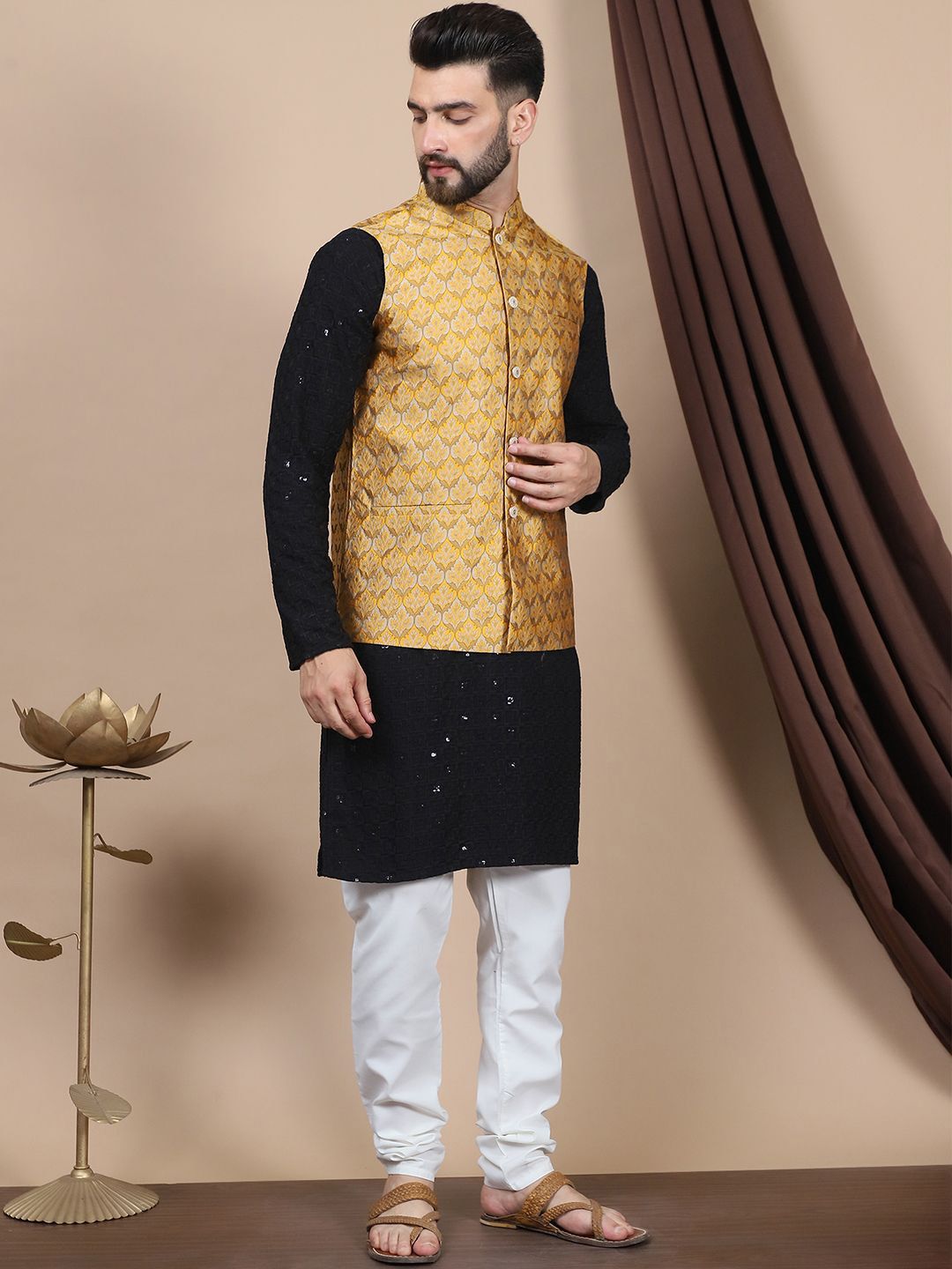 Anouk Black Geometric Embroidered Sequinned Pure Cotton Straight Kurta with Churidar