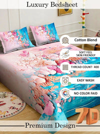 KLOTTHE Blue & Pink Floral Printed Fitted 400 TC King 7D Bedsheet with 2 Pillow Covers