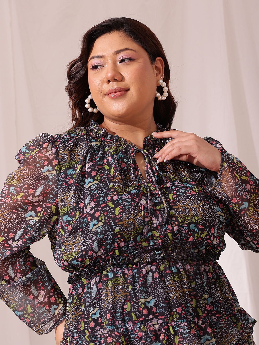 CURVY STREET Plus Size Floral Printed Chiffon Empire Dress