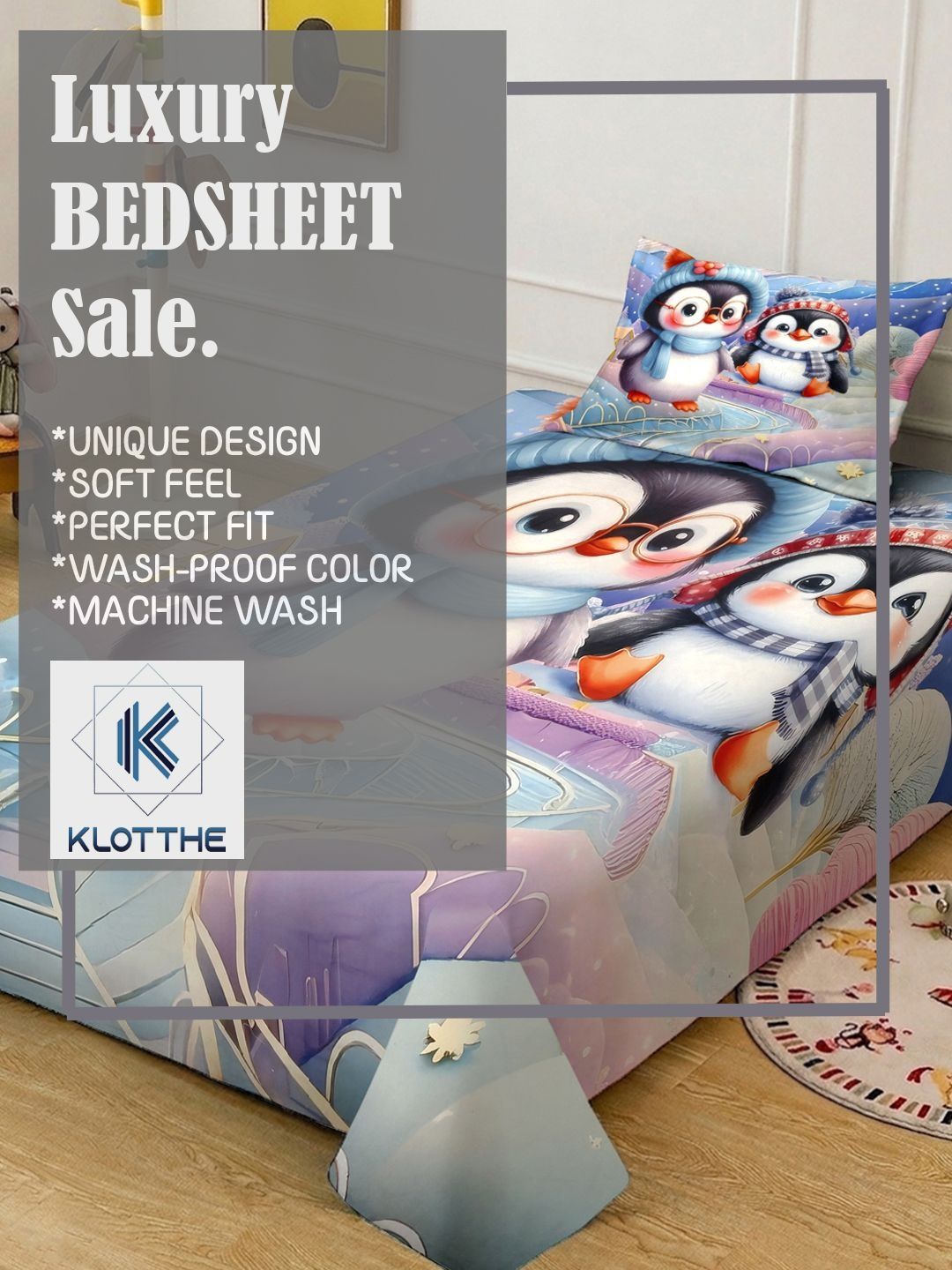KLOTTHE White & Blue Printed 300 TC Single Bedsheet With Pillow Covers- 2.25 m x 1.5 m