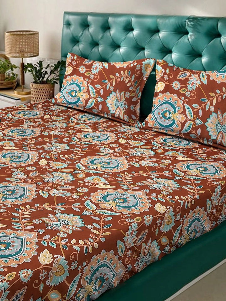 Myntra Elegant Homes Rust Ethnic Motifs 300 TC King Bedsheet with 2 Pillow Covers